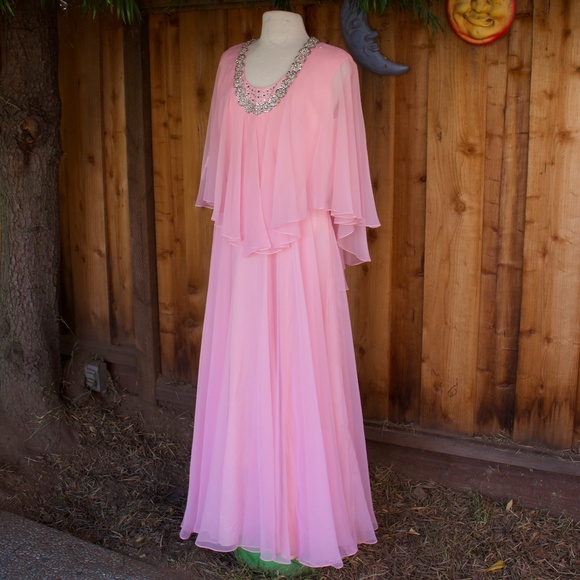 Vintage 1970's Mike Benet Formals Bubblegum Pink Chiffon Maxi Caplet Jewel Dress - Picture 3 of 17